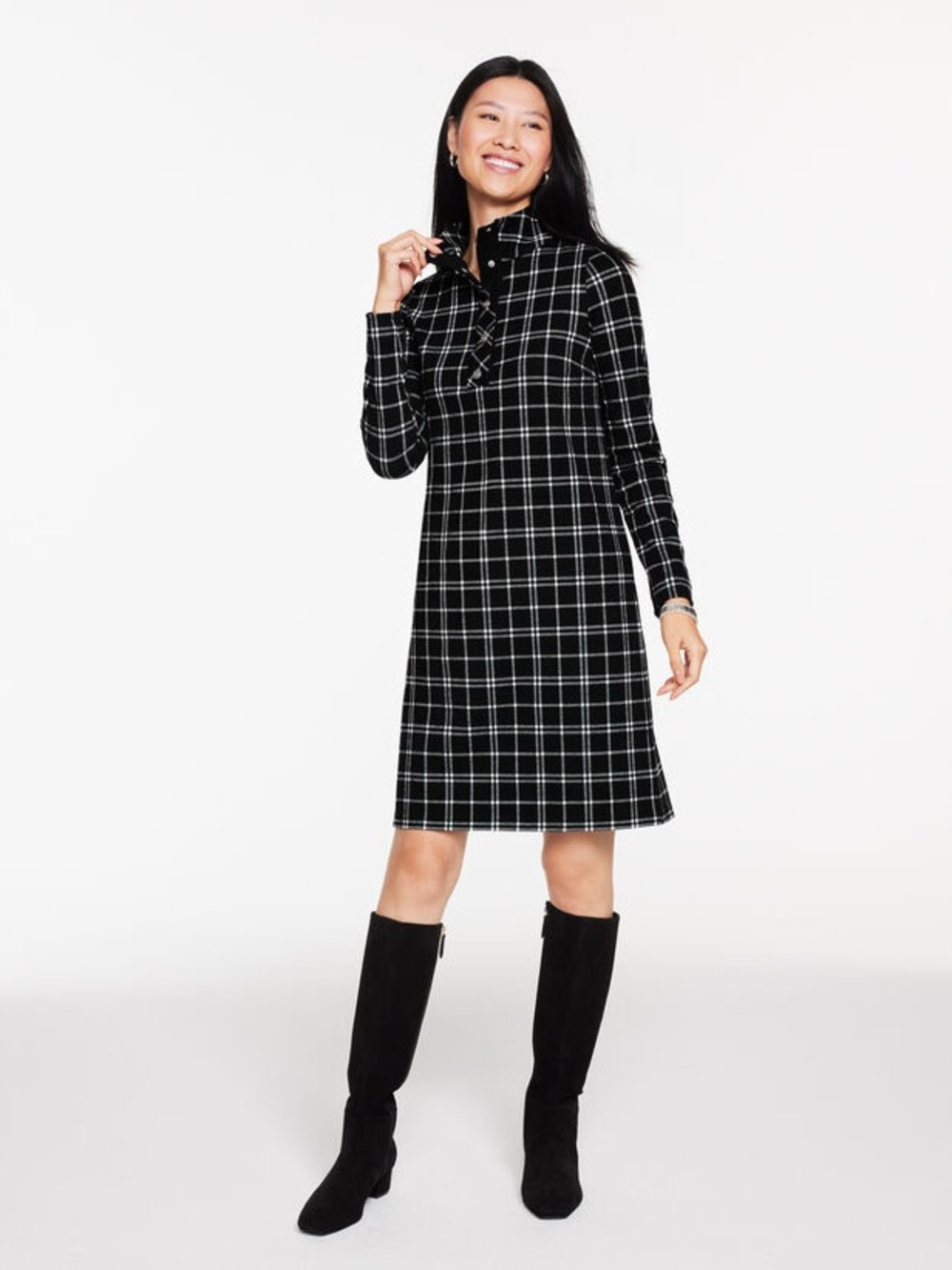 Talbots Black and White Plaid Long-Sleeve Button Dress - 1x NEVER WORN